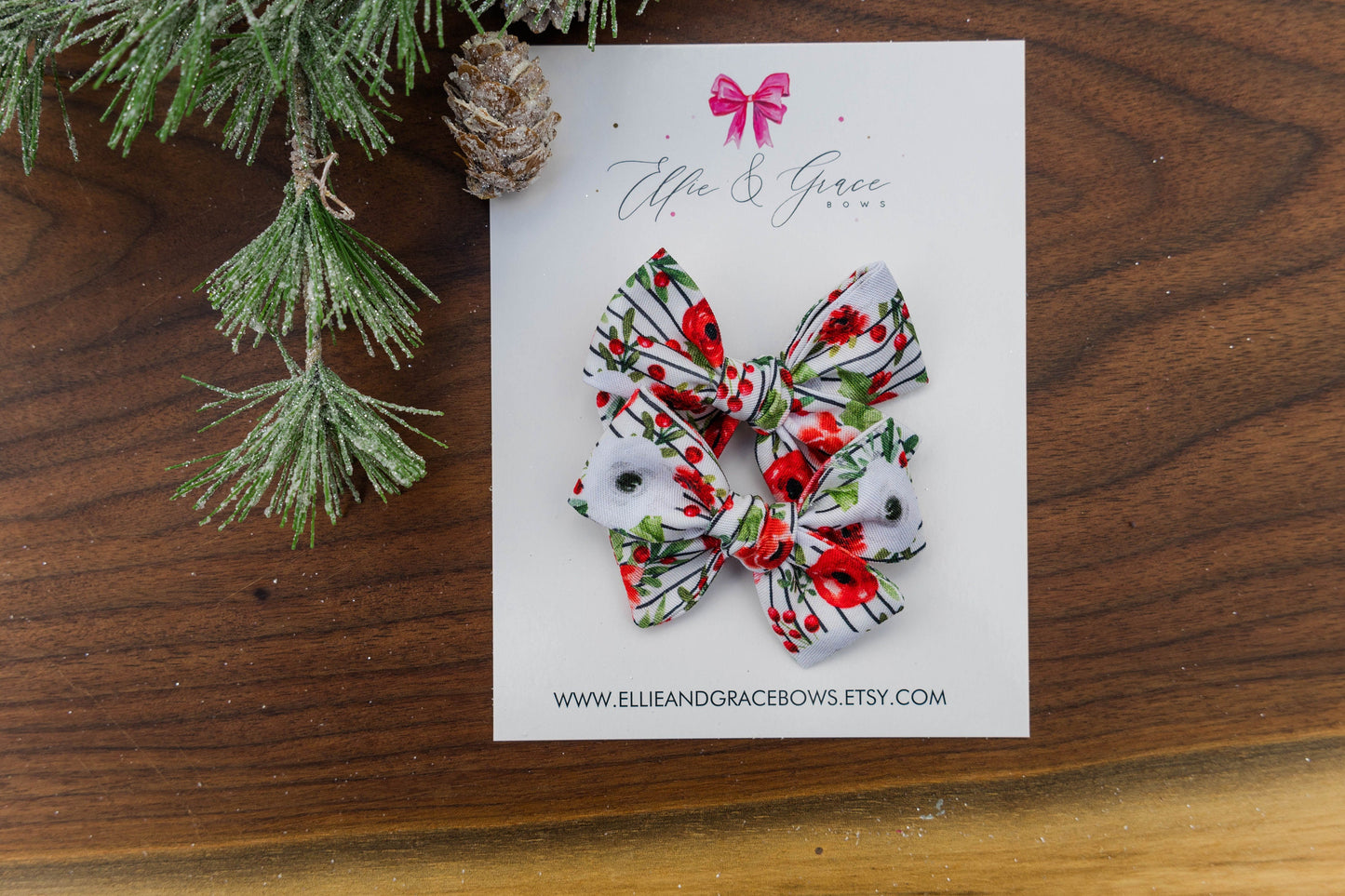 Striped Floral Hand Tied Hair Bows - Pigtail Bow Set