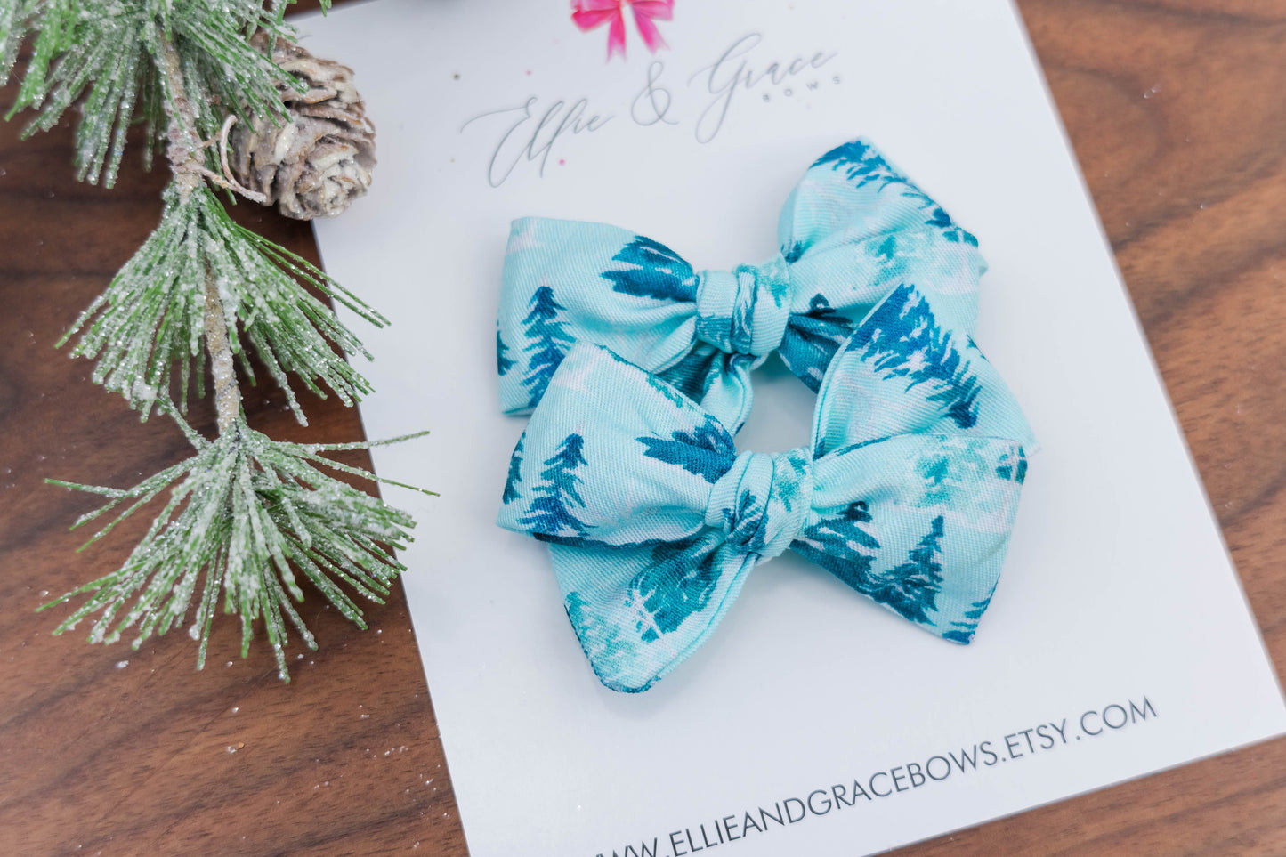 Blue Christmas Tree Pigtail Bow Set - Hand Tied Bows