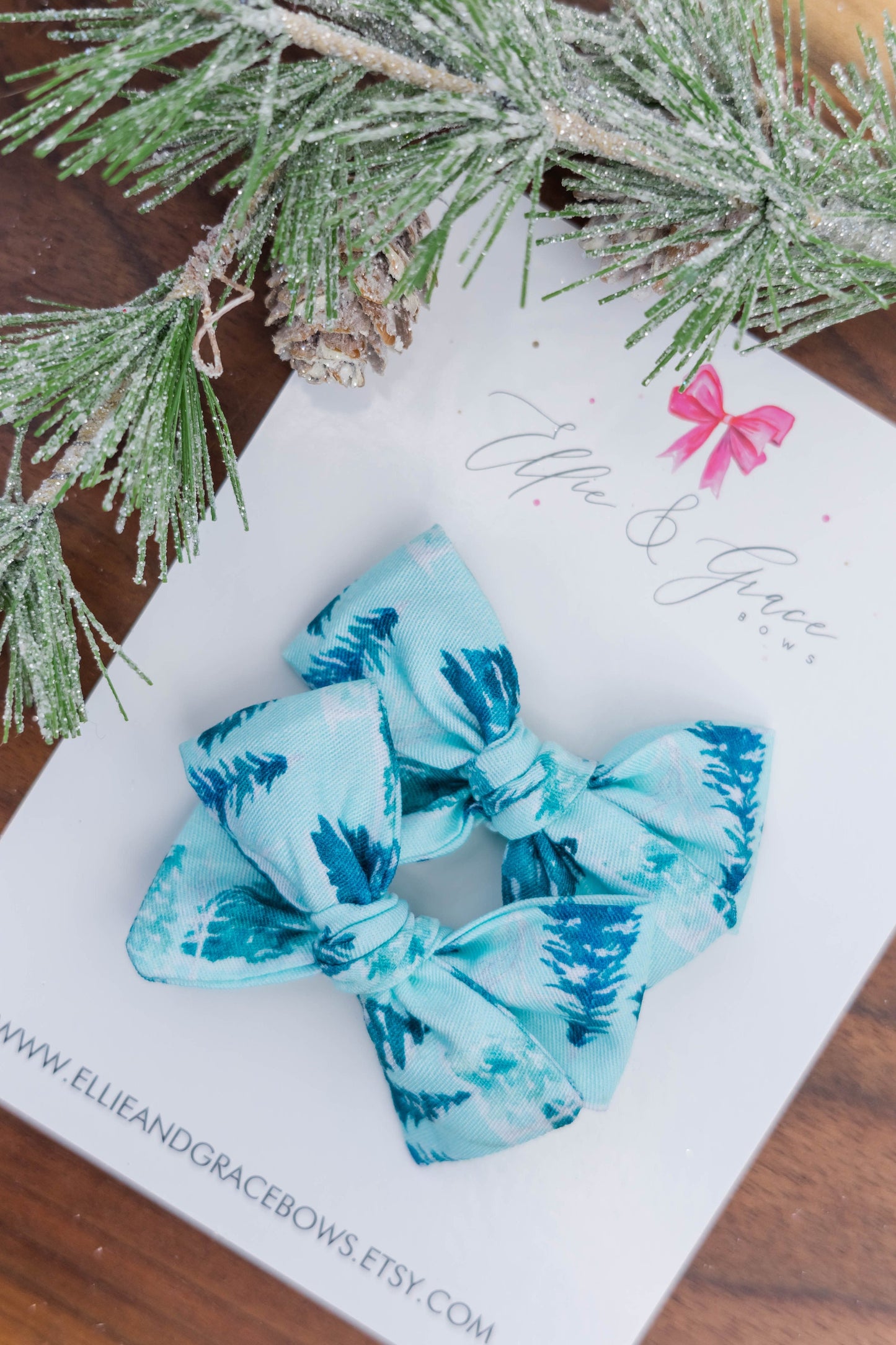 Blue Christmas Tree Pigtail Bow Set - Hand Tied Bows