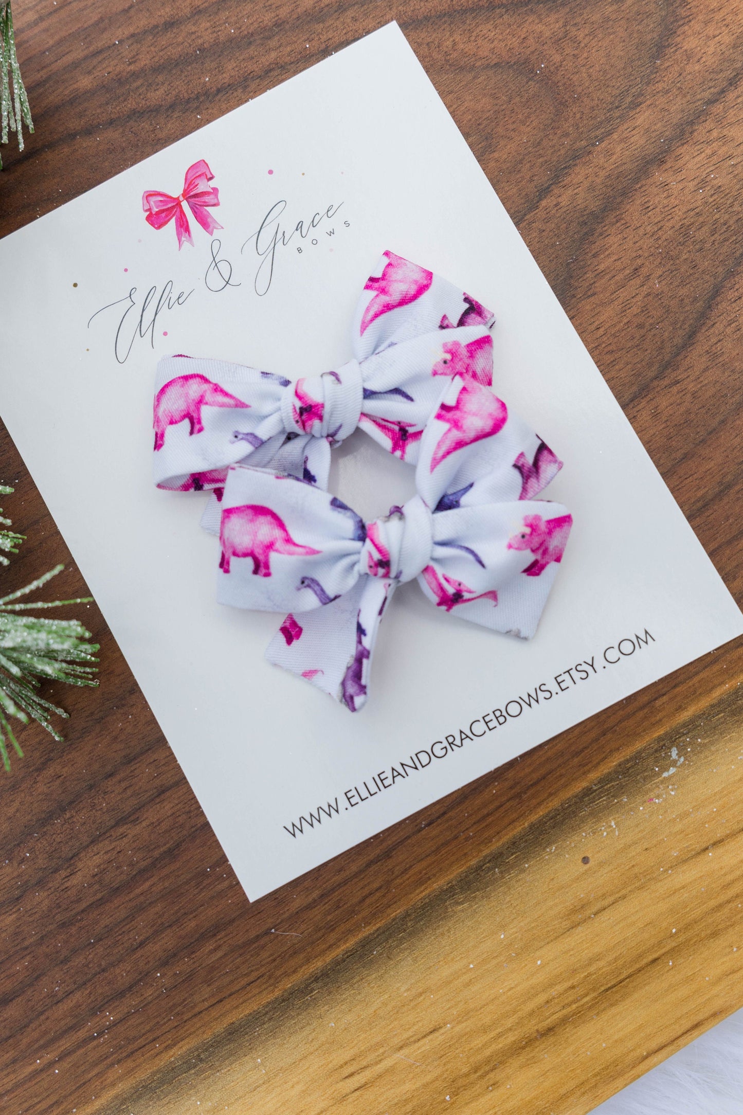 Christmas Dinosaur - Pink and Purple Hair Bow Set - Baby Bow Headband