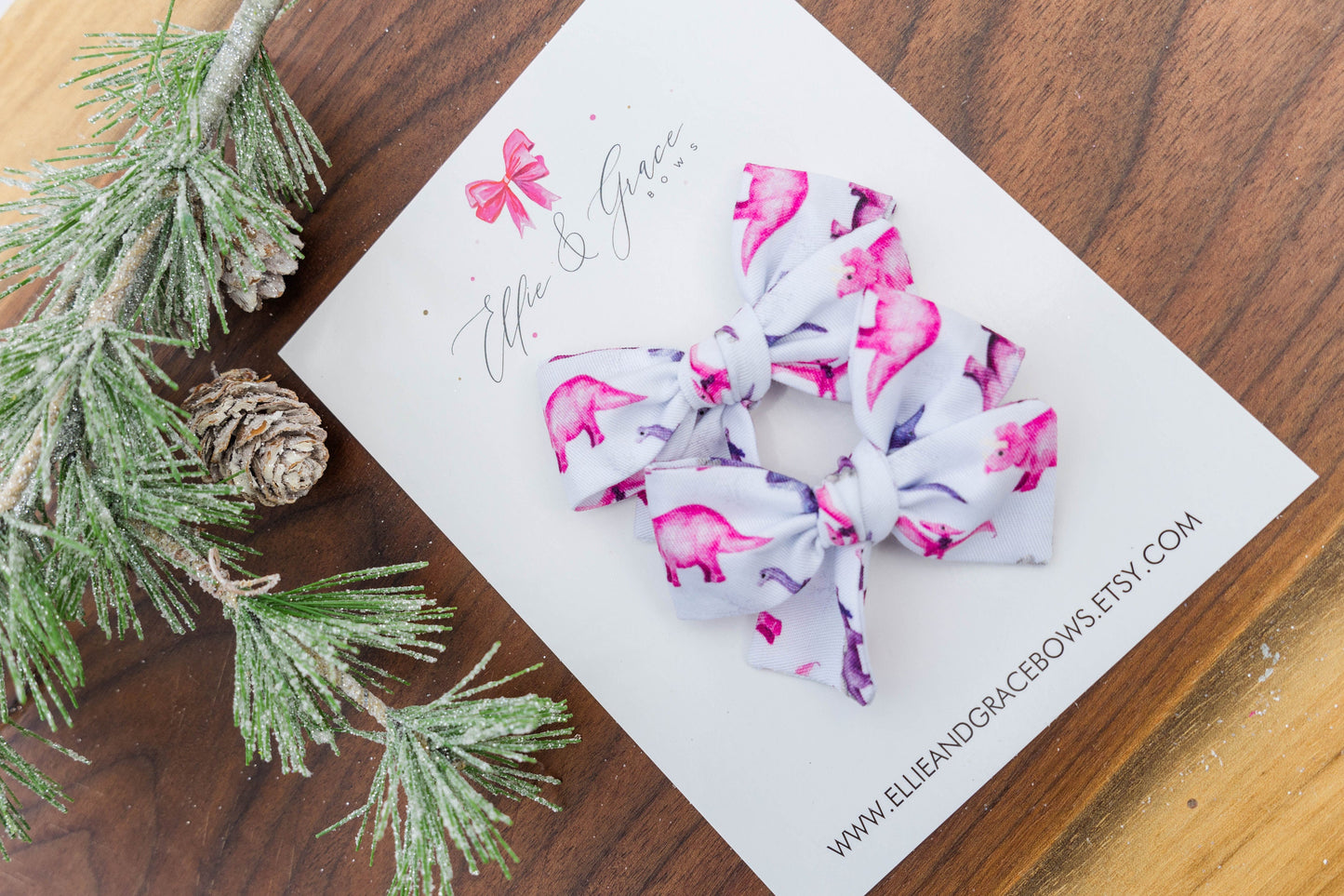 Christmas Dinosaur - Pink and Purple Hair Bow Set - Baby Bow Headband