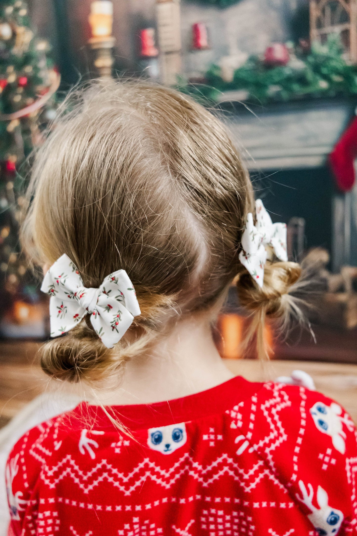 Red and Green Holly Christmas Hair Bow - Pigtail Bow Set