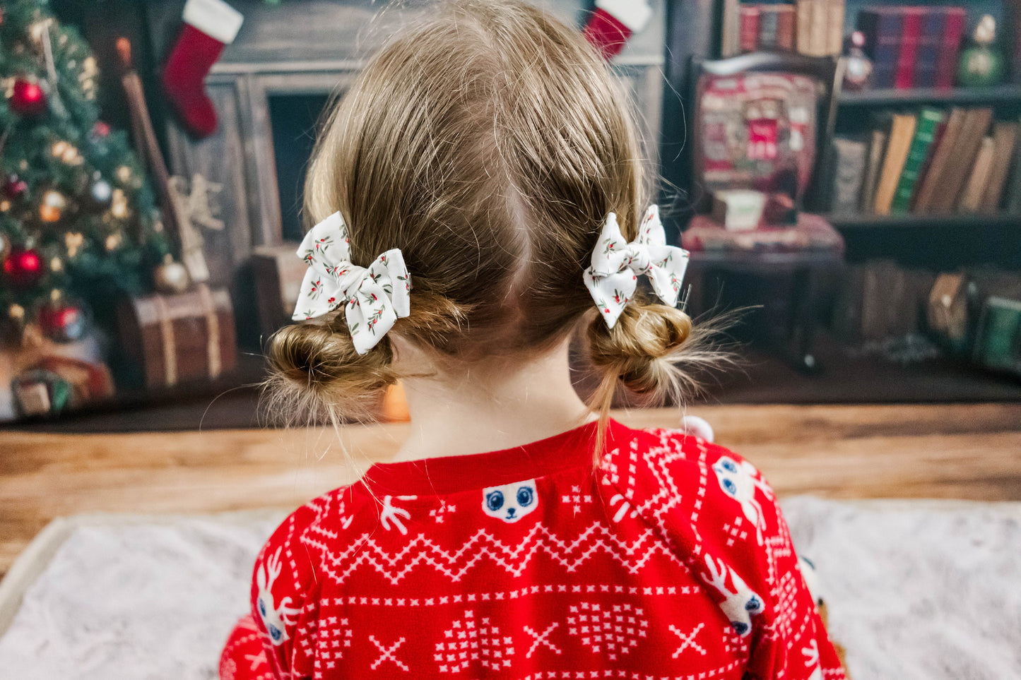 Red and Green Holly Christmas Hair Bow - Pigtail Bow Set