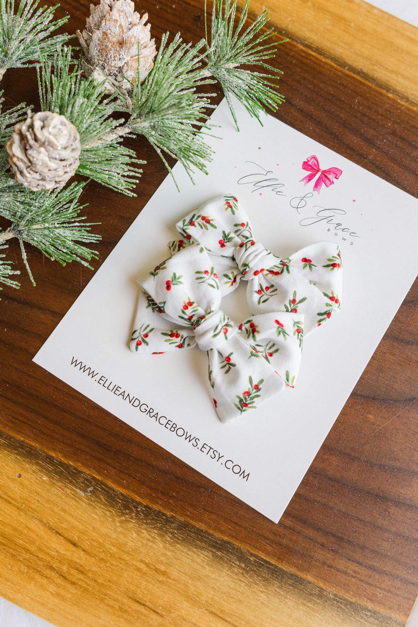 Red and Green Holly Christmas Hair Bow - Pigtail Bow Set