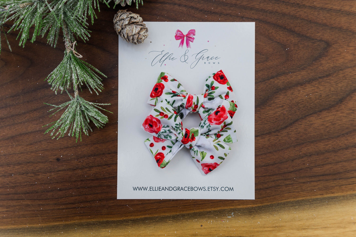 Christmas Flowers - Pigtail Bow Set - Cream and Red Bows for Girls