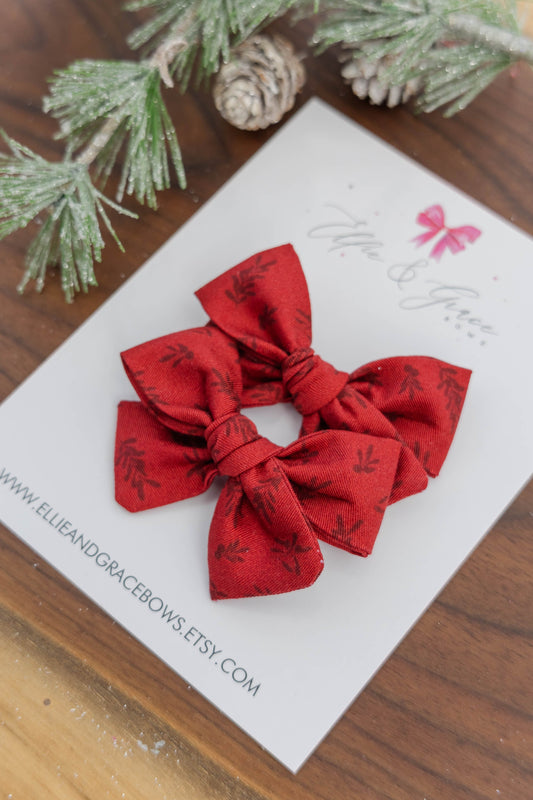 Red Floral Pigtail Bows: Cotton Hair Bow Set