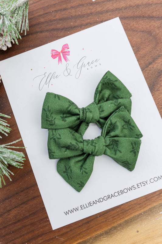 Green Flower Christmas Bows - Pigtail Bow Set - Cotton Fabric Alligator Clip Bows