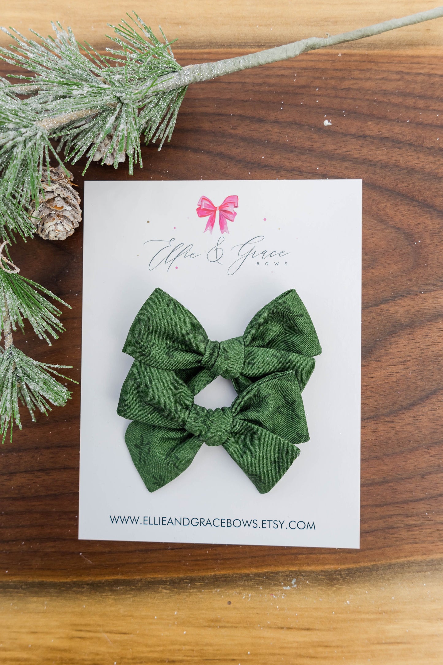 Green Flower Christmas Bows - Pigtail Bow Set - Cotton Fabric Alligator Clip Bows