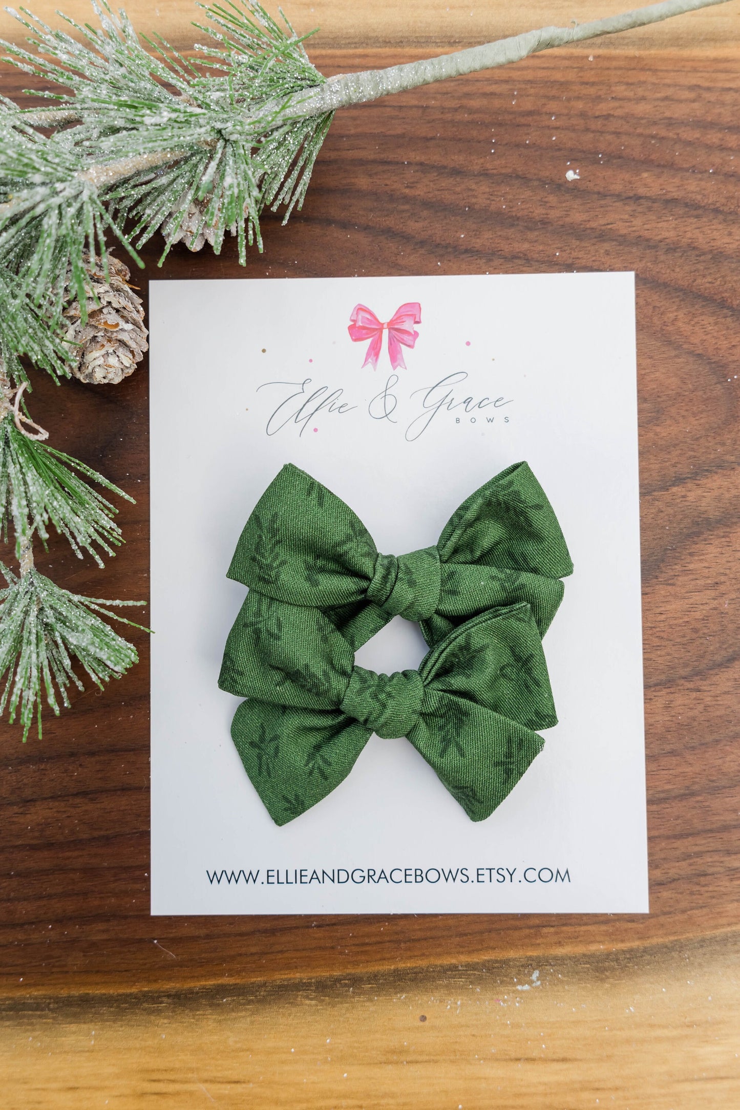 Green Flower Christmas Bows - Pigtail Bow Set - Cotton Fabric Alligator Clip Bows