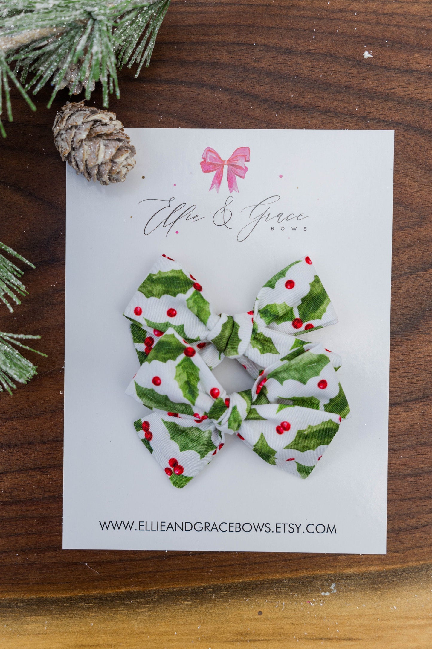 Christmas Holly Pigtail Bow Set - Cotton Fabric Bows