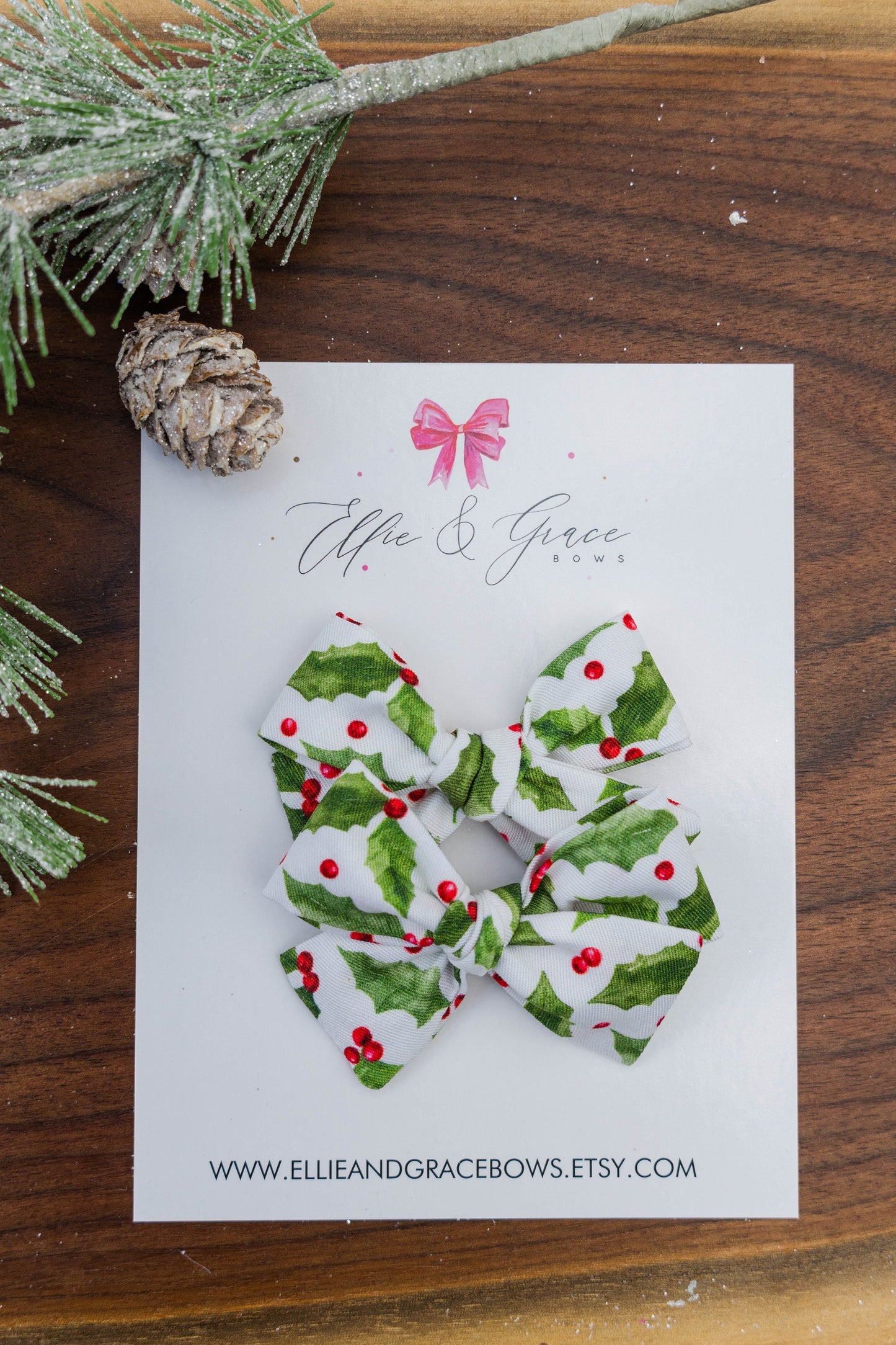Christmas Holly Pigtail Bow Set - Cotton Fabric Bows