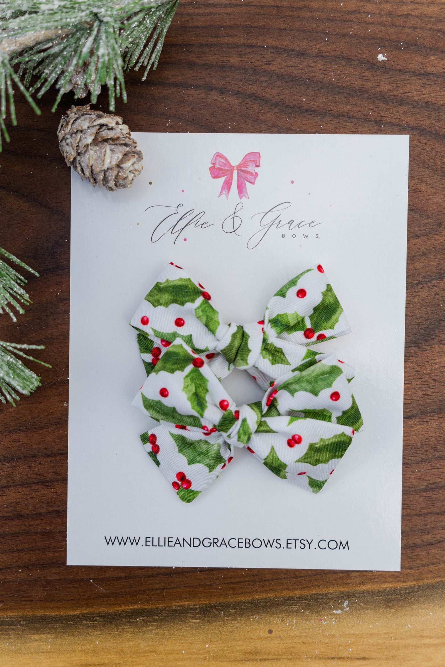 Christmas Holly Pigtail Bow Set - Cotton Fabric Bows