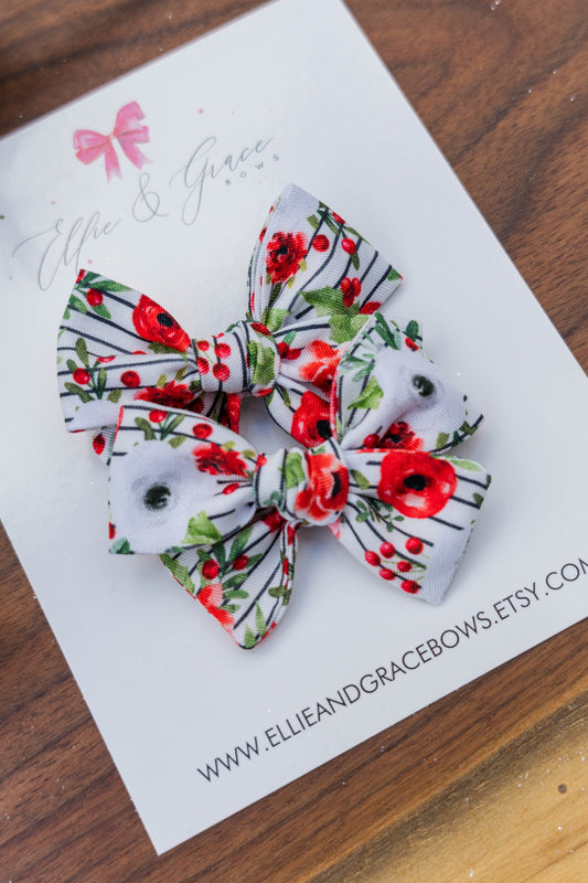 Striped Floral Hand Tied Hair Bows - Pigtail Bow Set