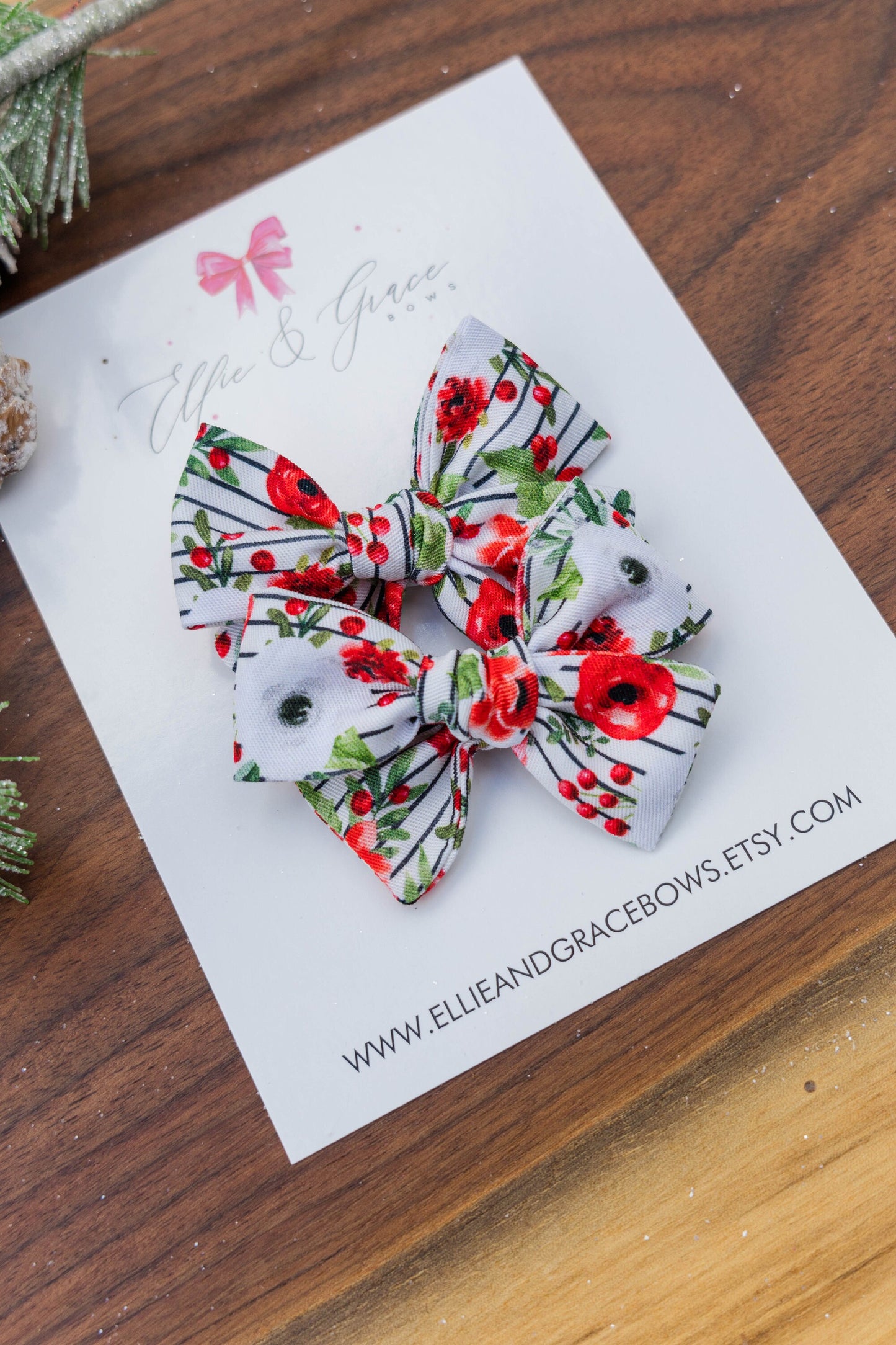 Striped Floral Hand Tied Hair Bows - Pigtail Bow Set