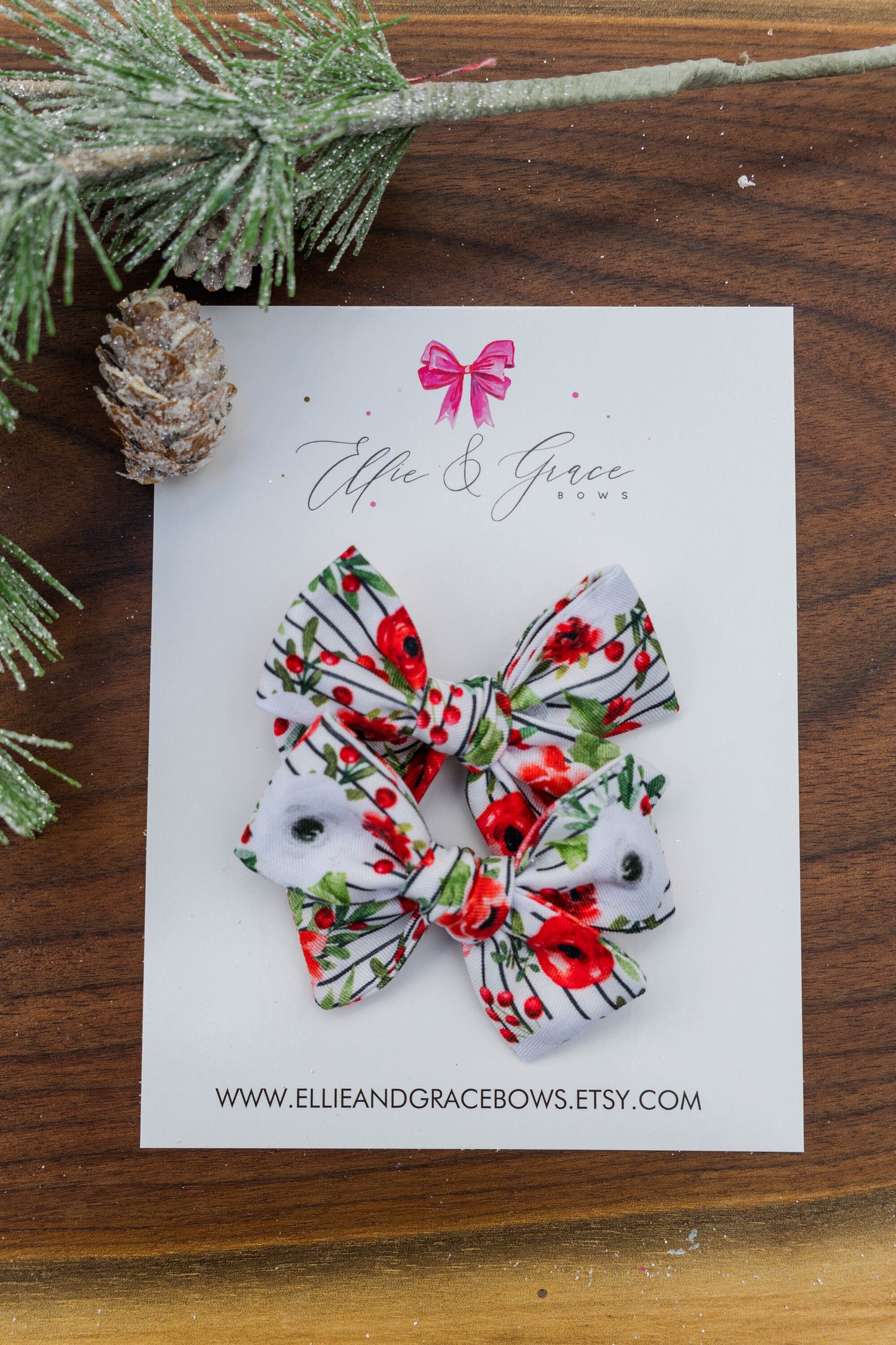 Striped Floral Hand Tied Hair Bows - Pigtail Bow Set