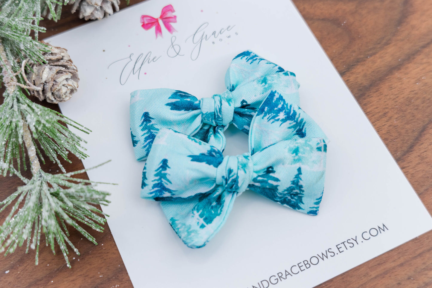 Blue Christmas Tree Pigtail Bow Set - Hand Tied Bows