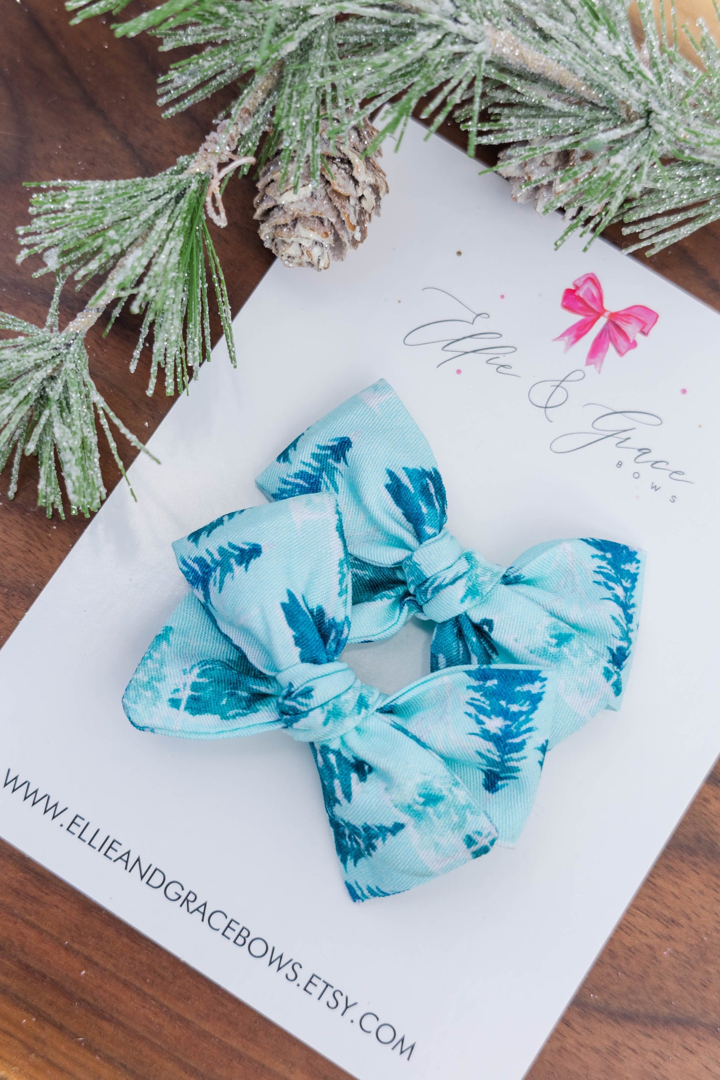Blue Christmas Tree Pigtail Bow Set - Hand Tied Bows