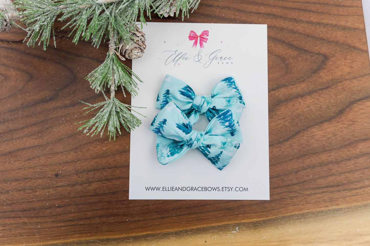 Blue Christmas Tree Pigtail Bow Set - Hand Tied Bows