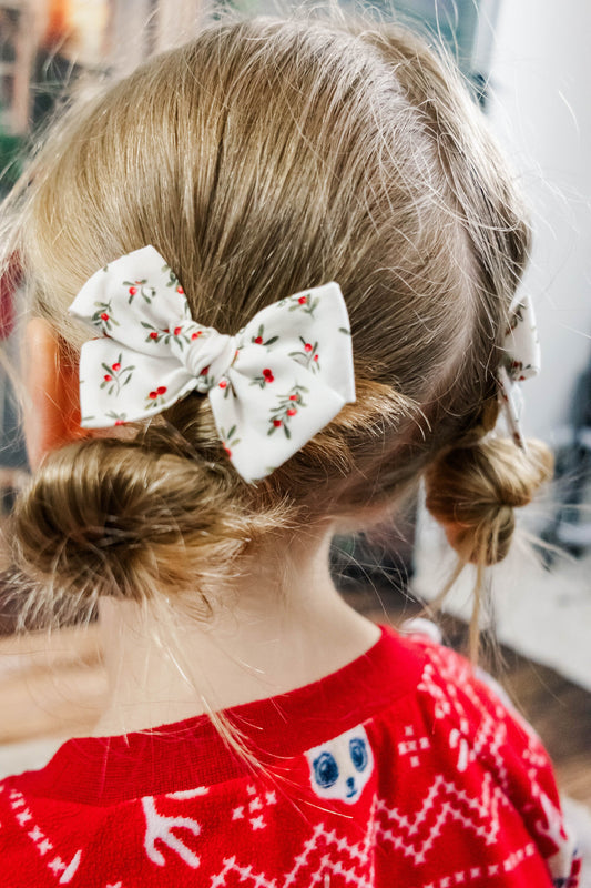 Red and Green Holly Christmas Hair Bow - Pigtail Bow Set