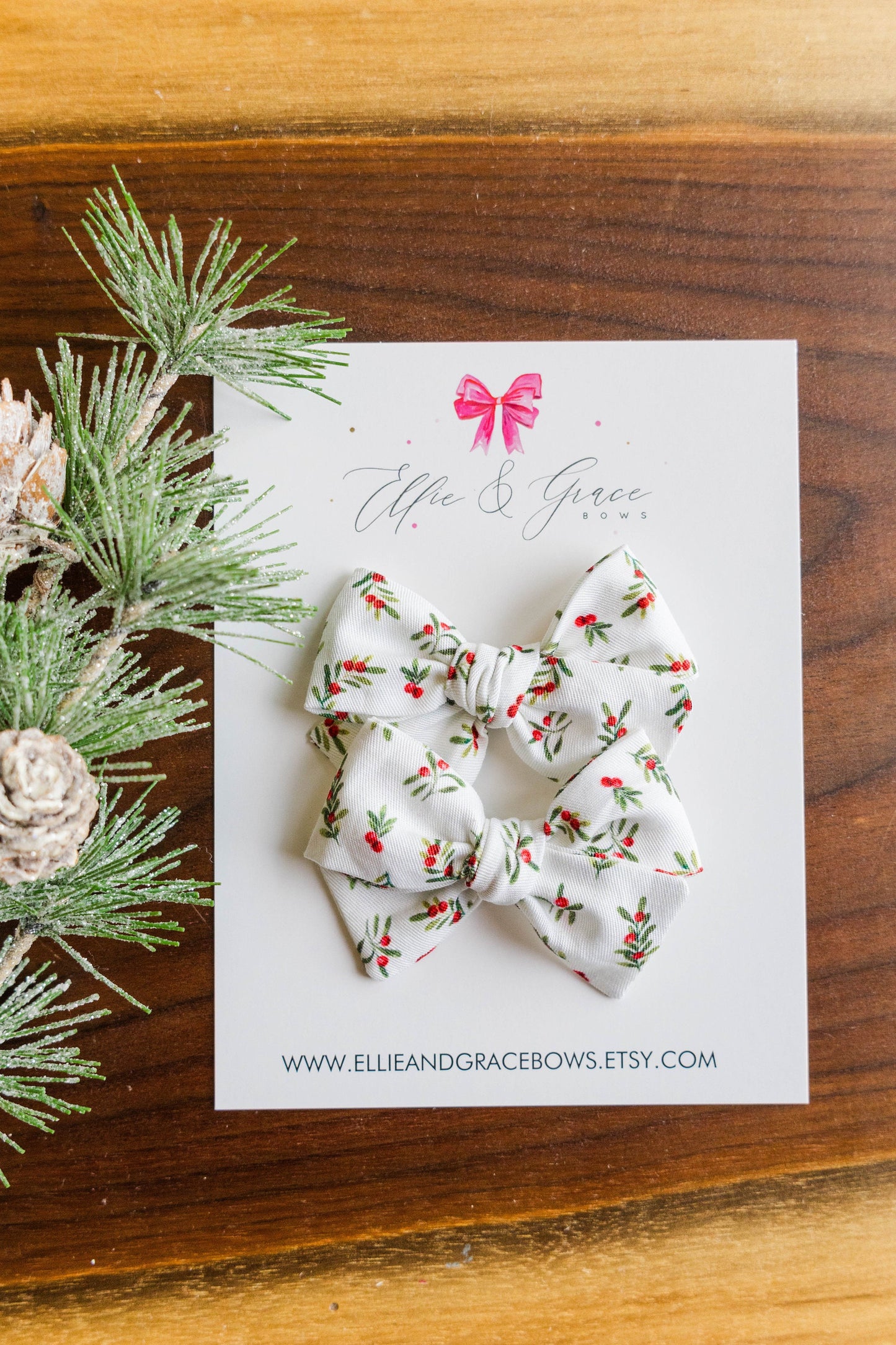 Red and Green Holly Christmas Hair Bow - Pigtail Bow Set