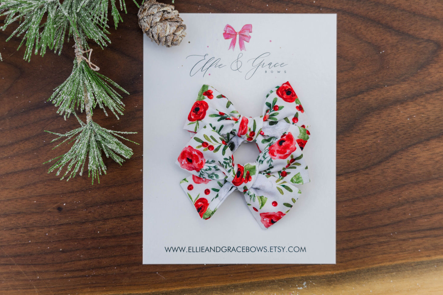 Christmas Flowers - Pigtail Bow Set - Cream and Red Bows for Girls