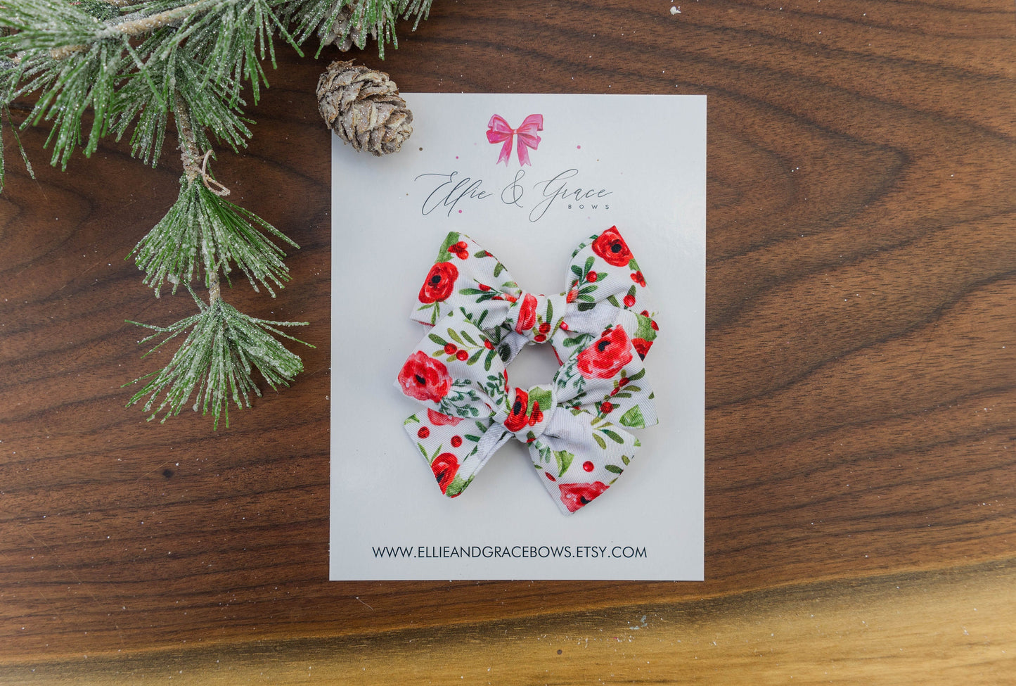 Christmas Flowers - Pigtail Bow Set - Cream and Red Bows for Girls
