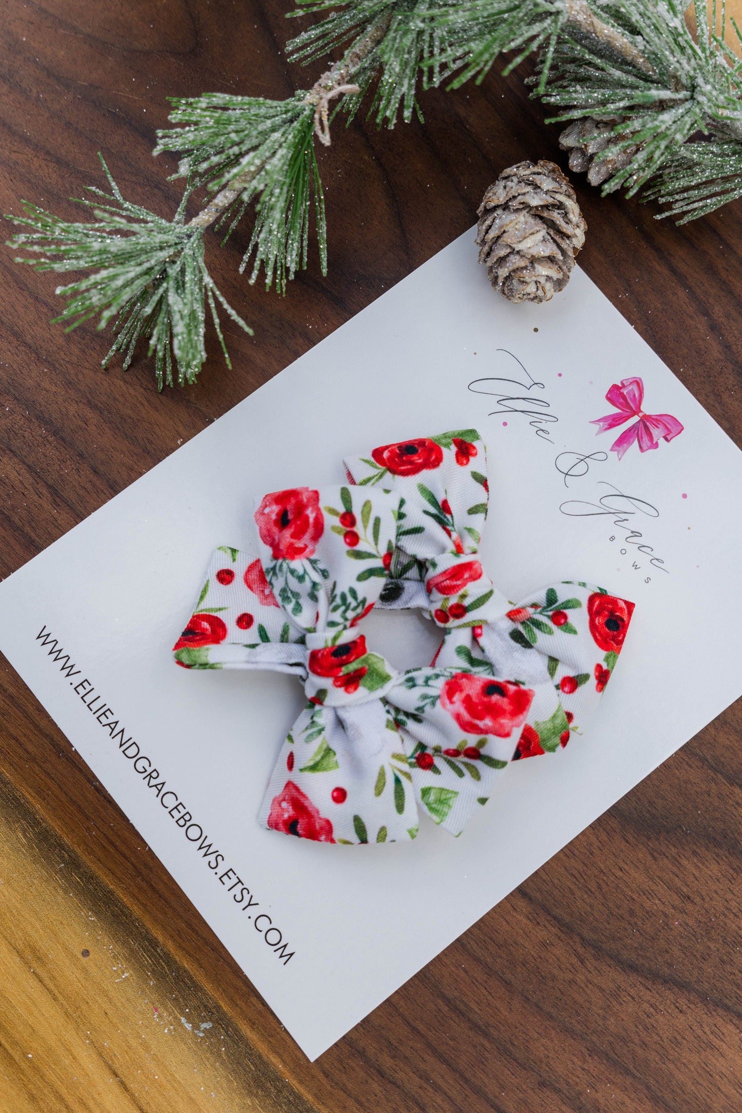 Christmas Flowers - Pigtail Bow Set - Cream and Red Bows for Girls