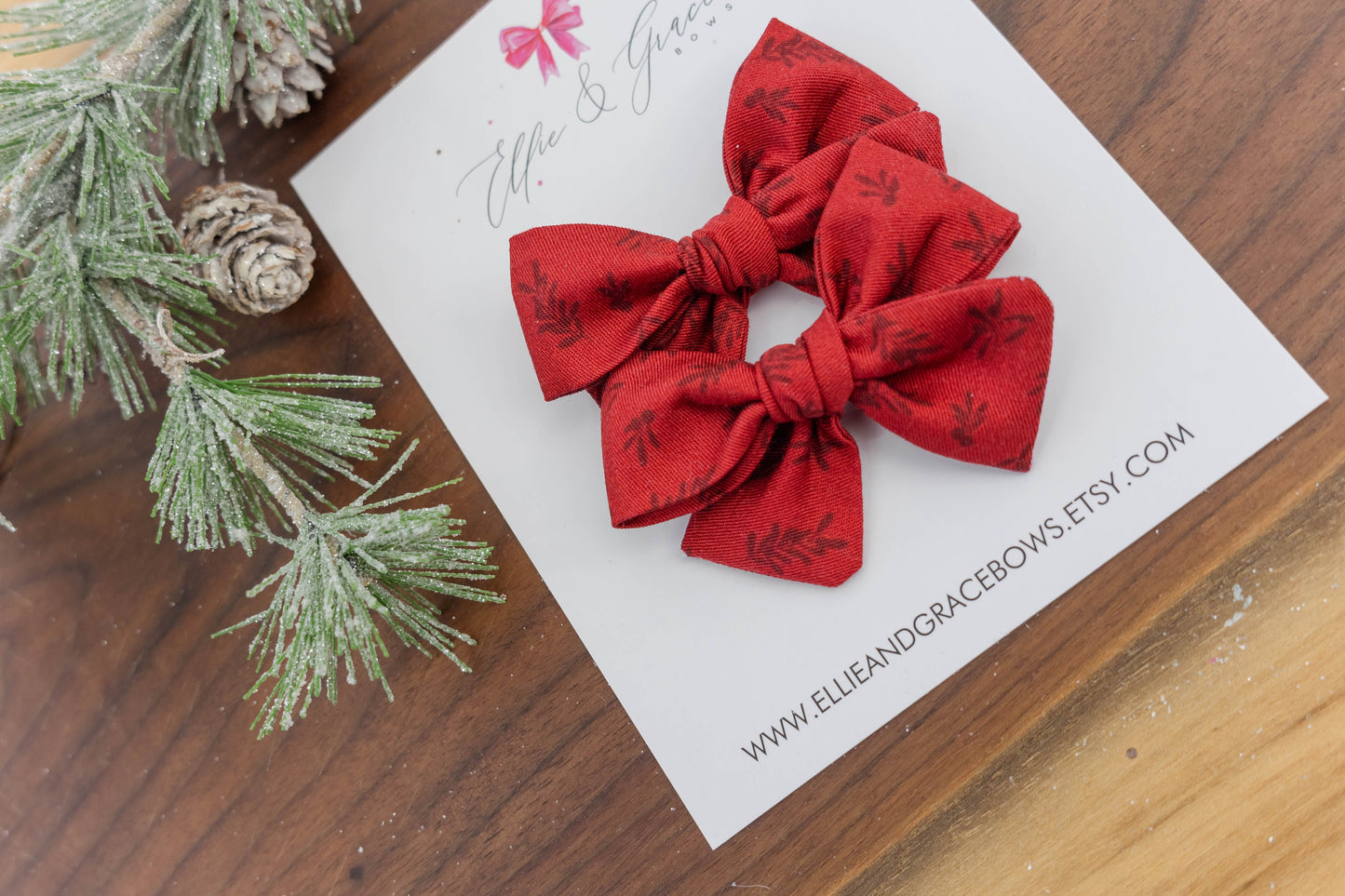 Red Floral Pigtail Bows: Cotton Hair Bow Set