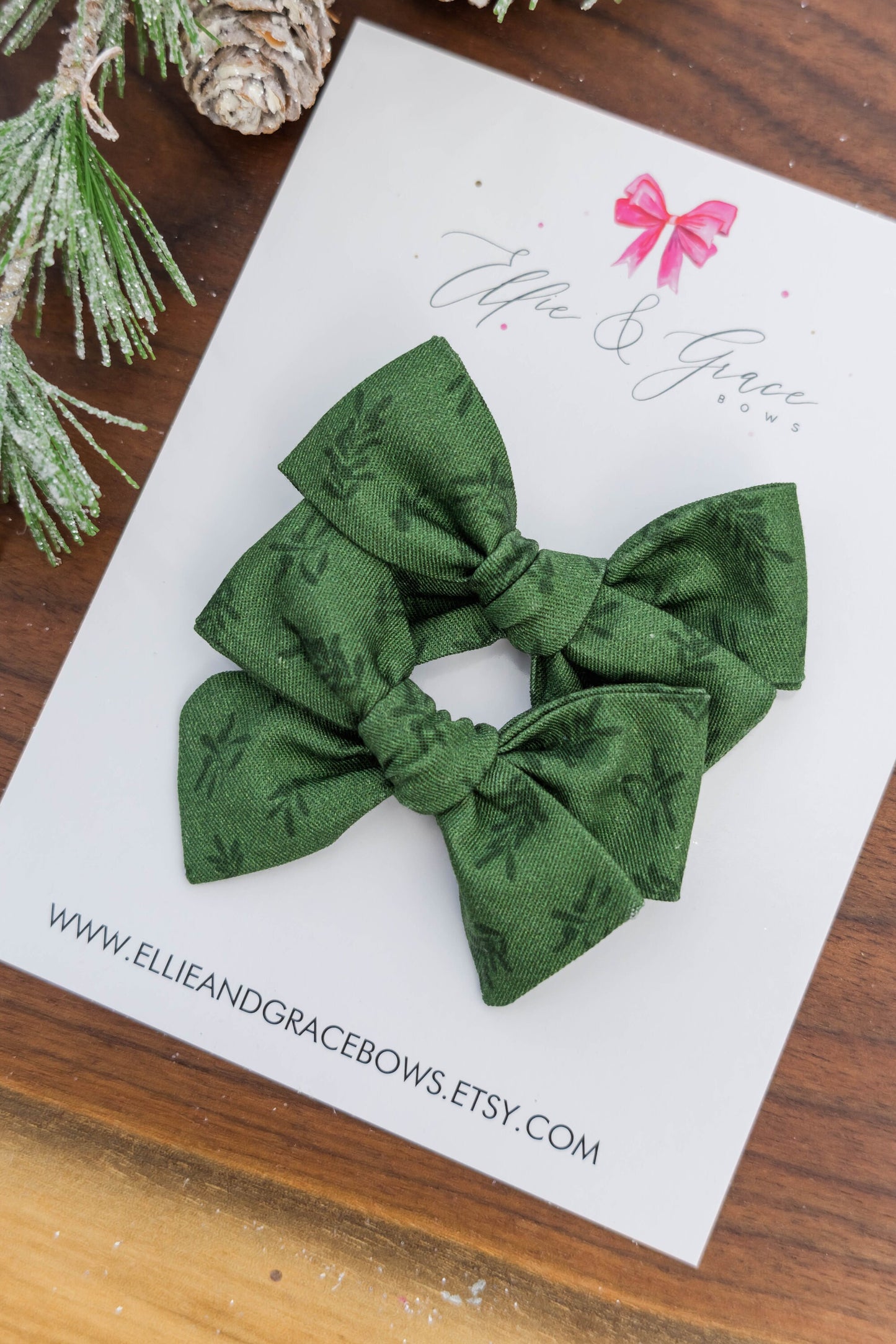 Green Flower Christmas Bows - Pigtail Bow Set - Cotton Fabric Alligator Clip Bows
