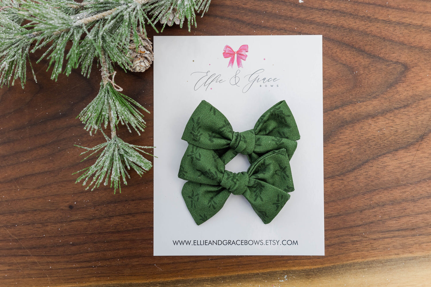 Green Flower Christmas Bows - Pigtail Bow Set - Cotton Fabric Alligator Clip Bows