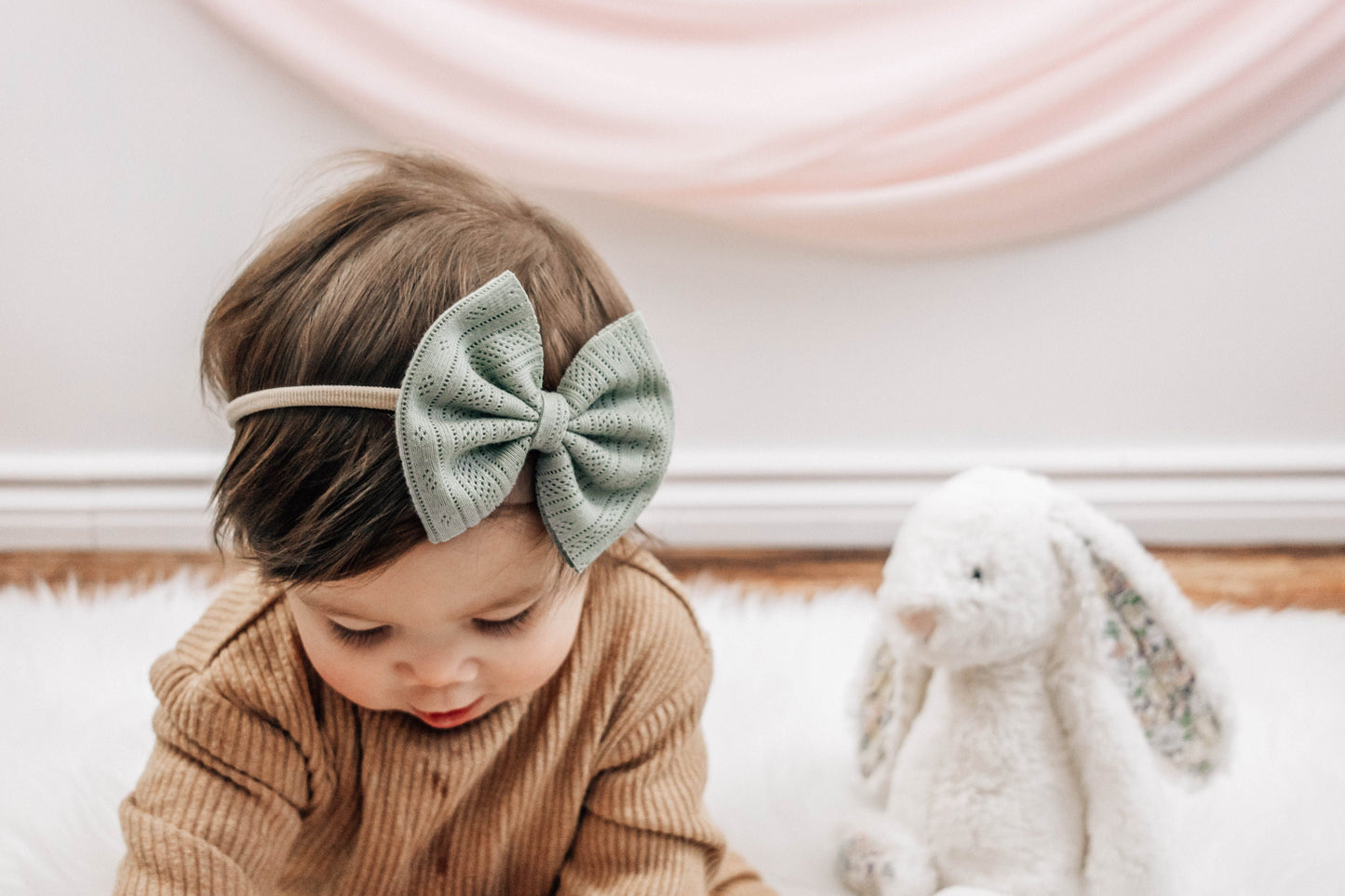 Sage Green Pointelle Baby Bow: Cotton Headband or Clip