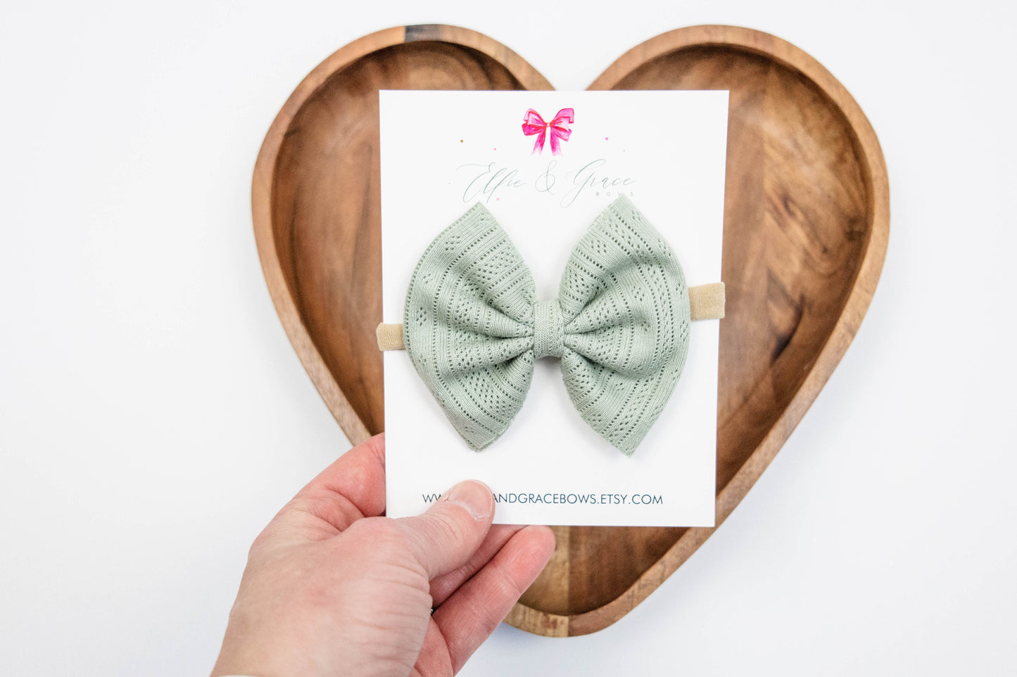 Sage Green Pointelle Baby Bow: Cotton Headband or Clip