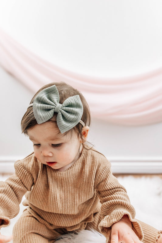 Sage Green Pointelle Baby Bow: Cotton Headband or Clip