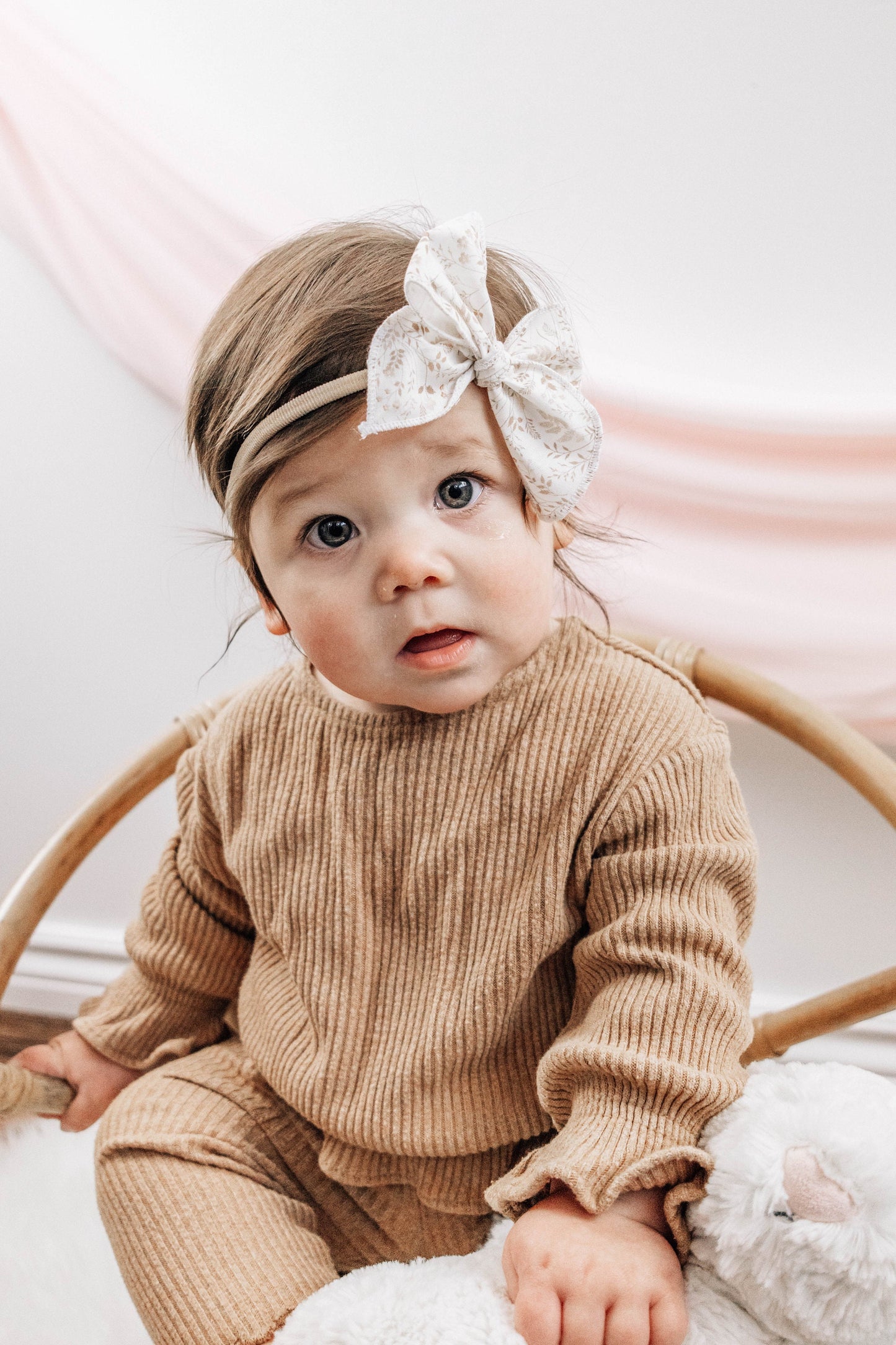 Neutral Colour Cotton Fabric Bow - Wildflower Hairbow - Cream and Brown Pigtail Bow Set
