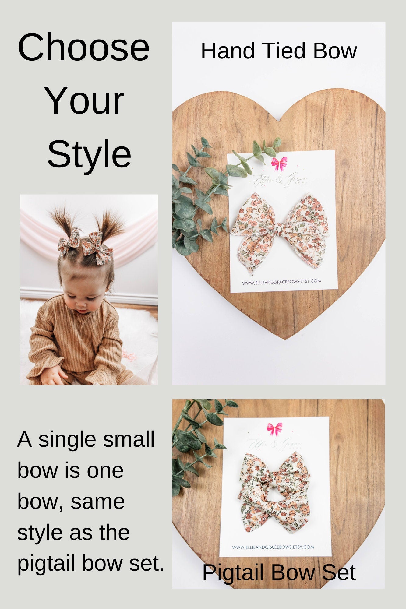 Bows with Flowers - Cotton Fabric Hair Accessories - Pigtail Bow Set