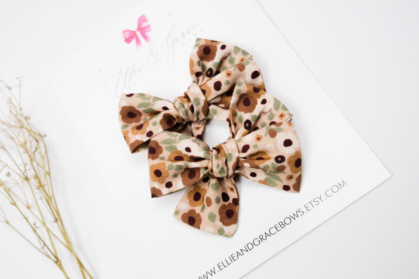 Bows with Flowers - Cotton Fabric Hair Accessories - Pigtail Bow Set