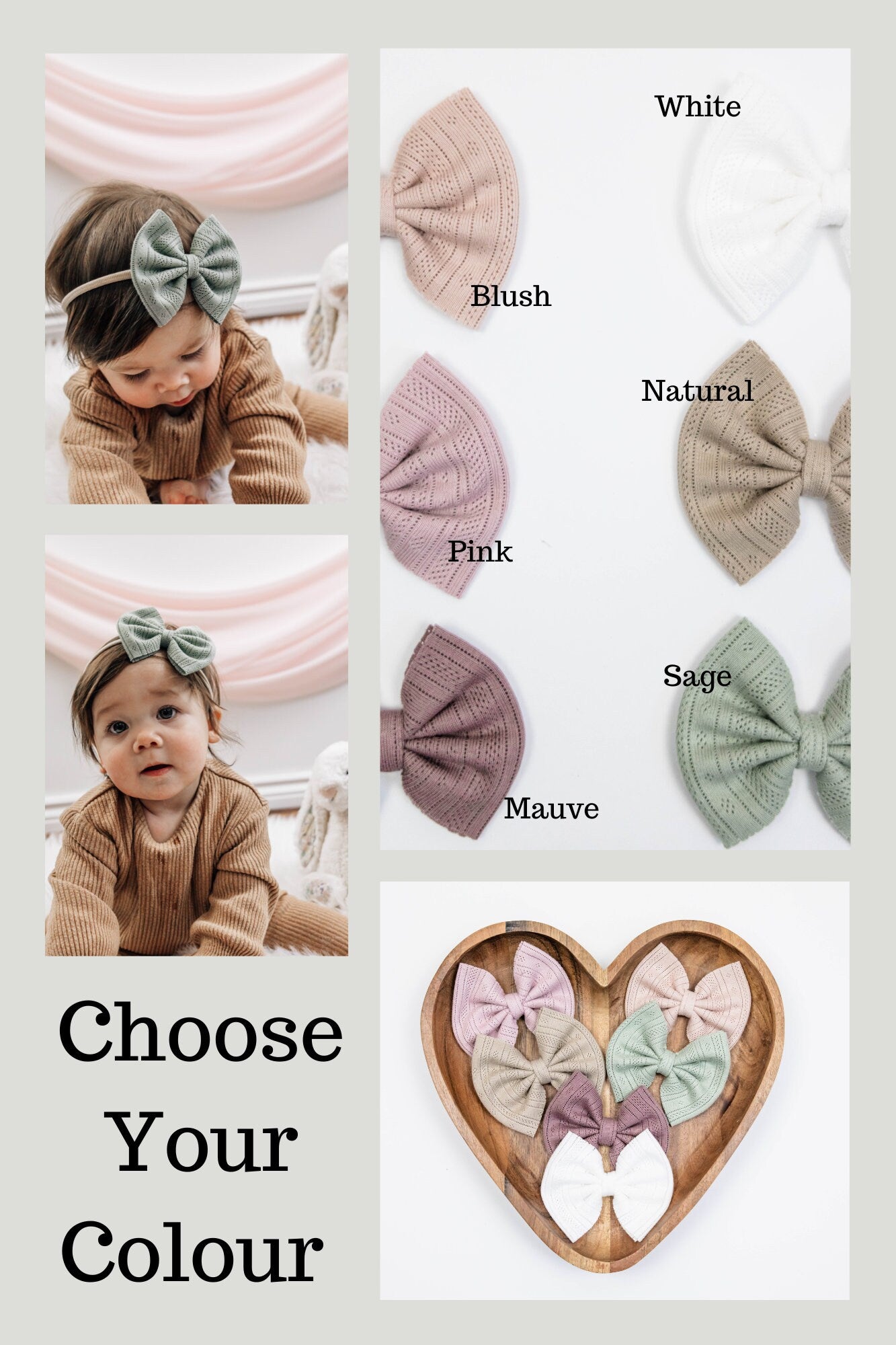 Sage Green Pointelle Baby Bow: Cotton Headband or Clip