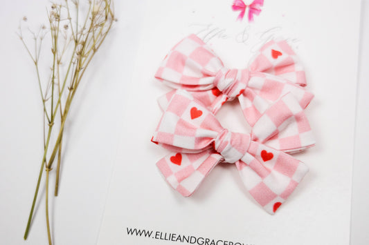 Pink Plaid Valentine's Day Bow: Cotton Alligator Clip Pigtail Set