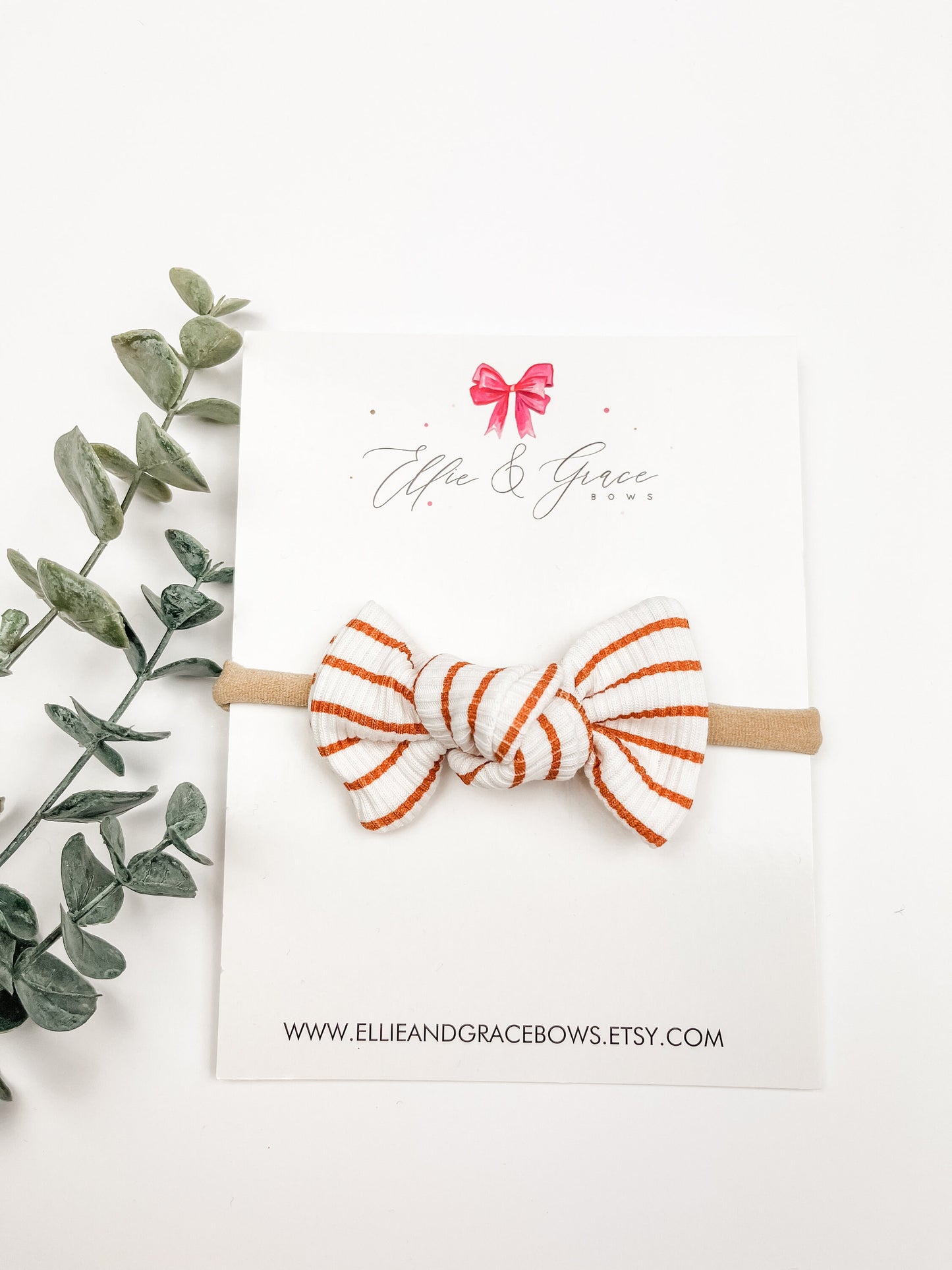 Striped Baby Bow Headband: Brown & White Ribbed Hair Bow