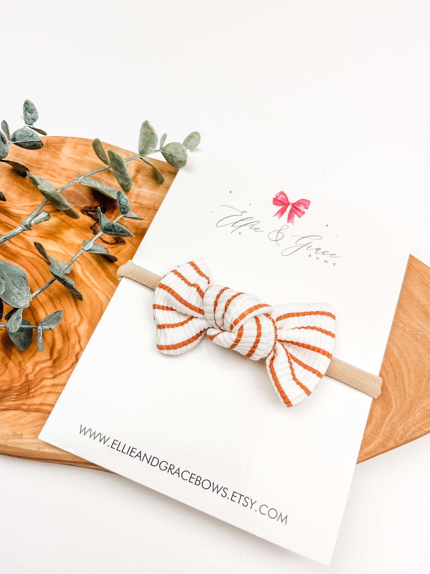 Striped Baby Bow Headband: Brown & White Ribbed Hair Bow