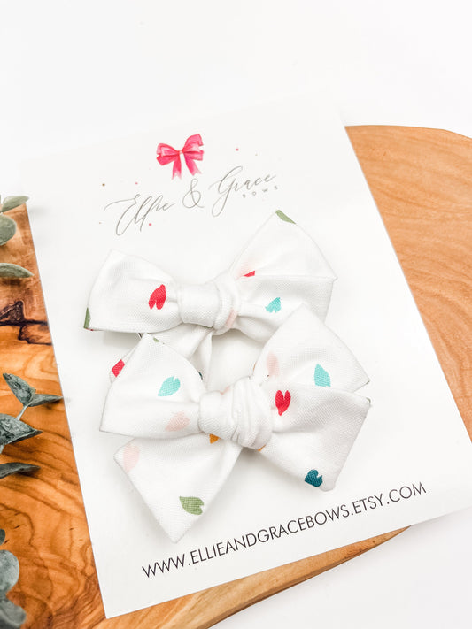 White and Rainbow Pigtail Bow Set - Cotton Fabric Hair Bows