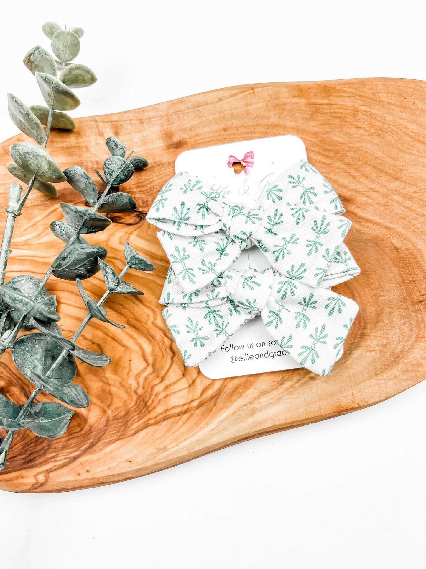 Green Floral Pigtail Bow Set - Hand Tied Cotton Fabric Bows
