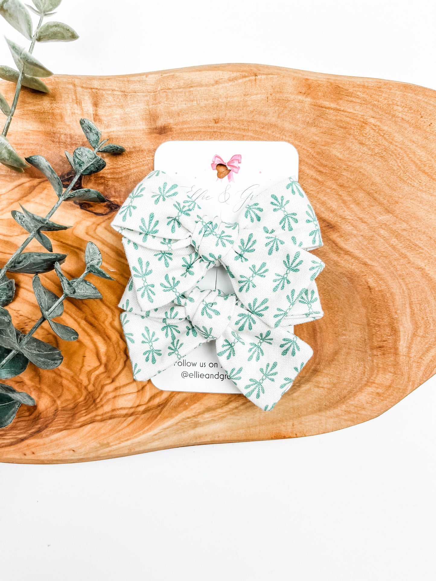 Green Floral Pigtail Bow Set - Hand Tied Cotton Fabric Bows