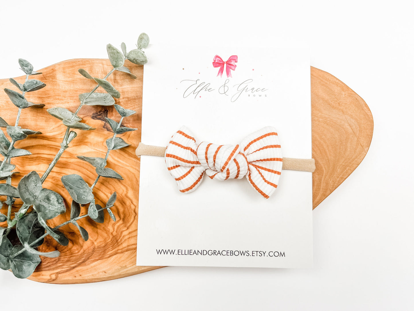 Striped Baby Bow Headband: Brown & White Ribbed Hair Bow