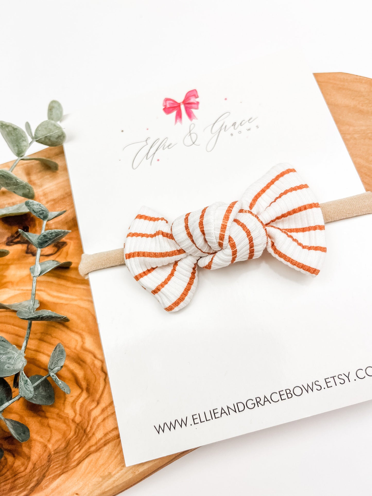 Striped Baby Bow Headband: Brown & White Ribbed Hair Bow