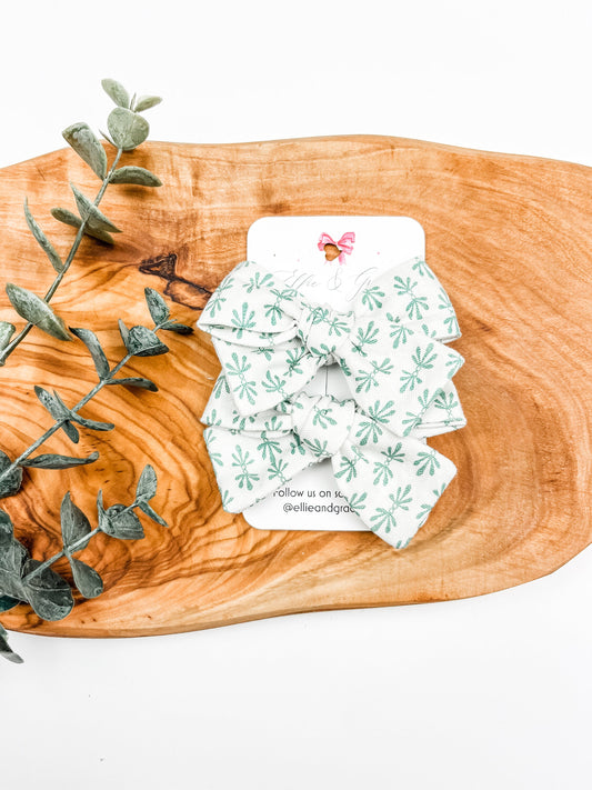 Green Floral Pigtail Bow Set - Hand Tied Cotton Fabric Bows