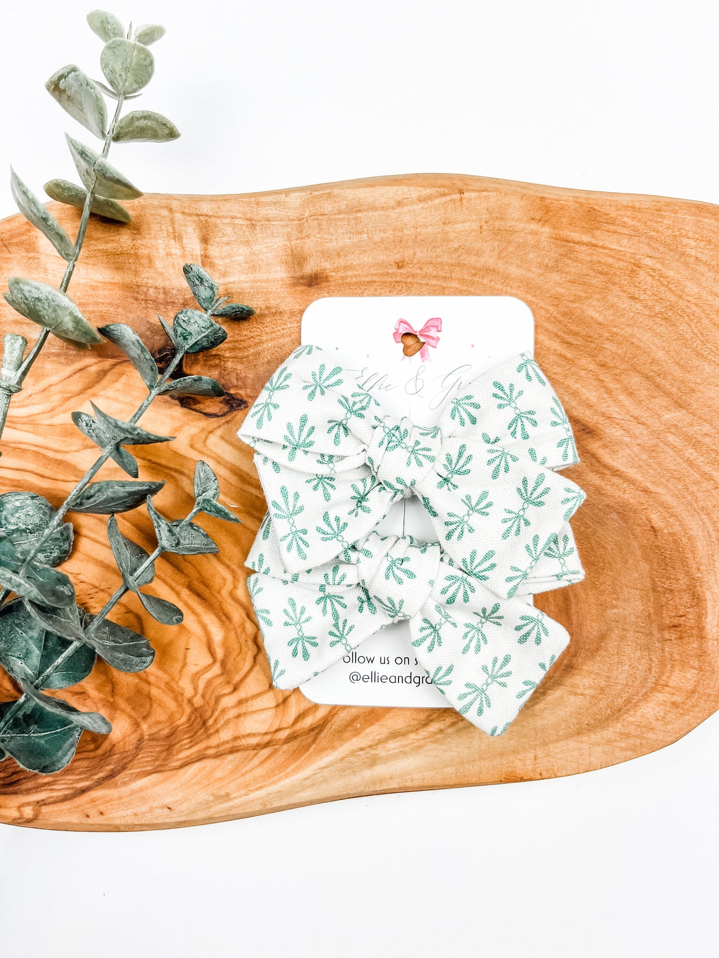 Green Floral Pigtail Bow Set - Hand Tied Cotton Fabric Bows