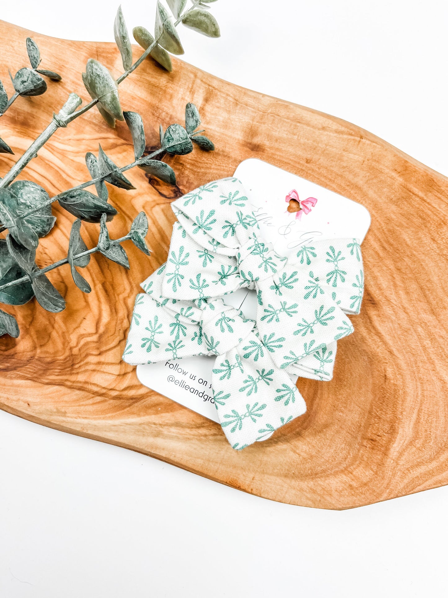 Green Floral Pigtail Bow Set - Hand Tied Cotton Fabric Bows