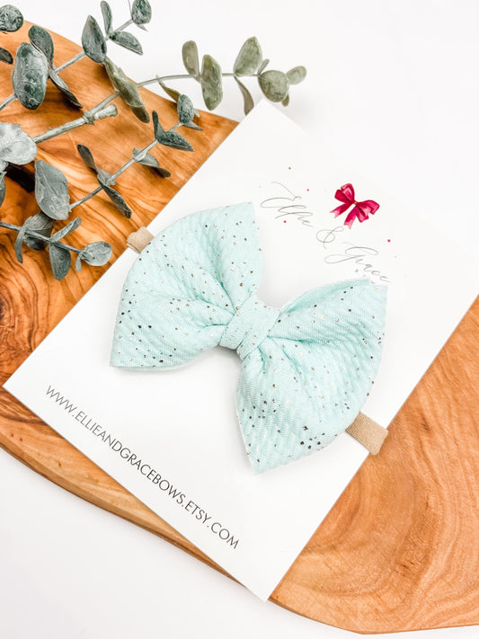 Sparkle Baby Bow Headband: Light Blue Pinwheel Hair Bow