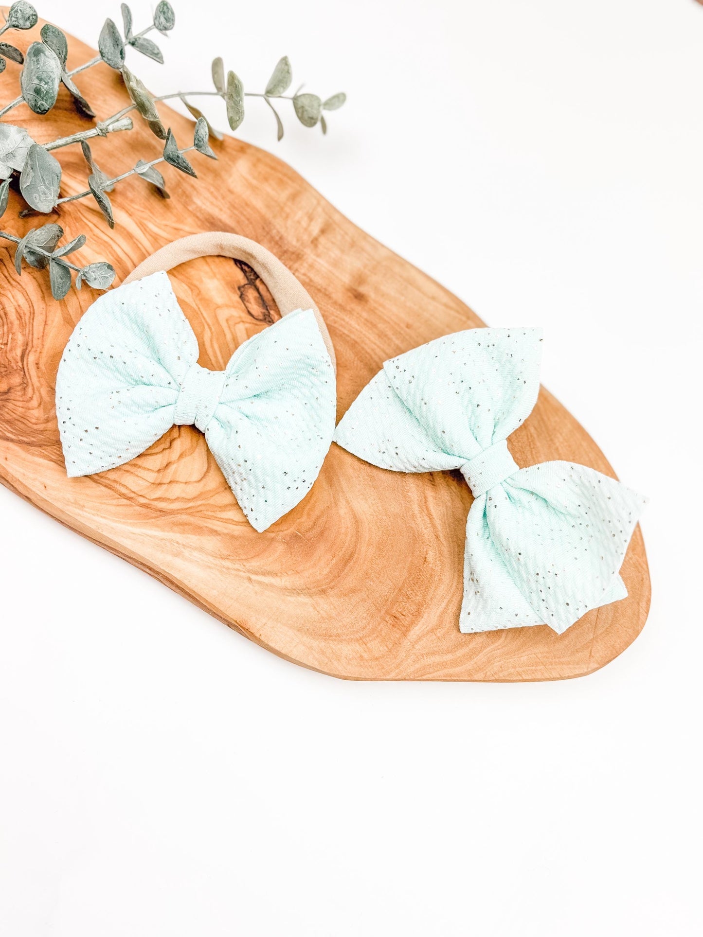 Sparkle Baby Bow Headband: Light Blue Pinwheel Hair Bow